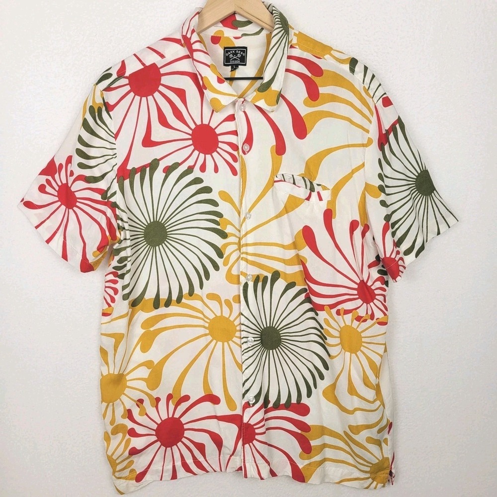 Dark Seas Prankster Woven Shirt Men's L Rayon Button Up Surf Retro Sunburst